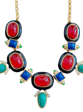 中古名媛夸张撞色琉璃遮疤项链女