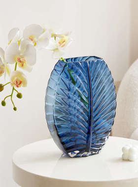 高档客厅玄关摆件家大业大玻璃花瓶蓝色水养插鲜花软装饰品高级感