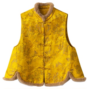 一丝牵奢及100桑蚕丝真丝宋锦国风真丝提花夹棉马甲拼水貂毛