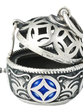 s990足银镂空香囊球聚宝盆吊坠香薰项链随身佩戴香丸精油扩香器