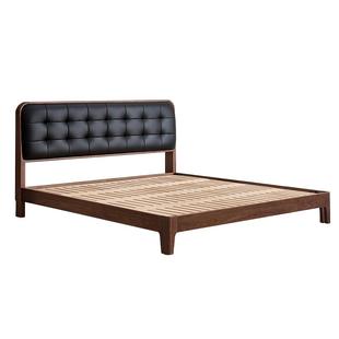 全友家居黑胡桃木实木像素床1米8双人床中古风主卧室软包真皮床