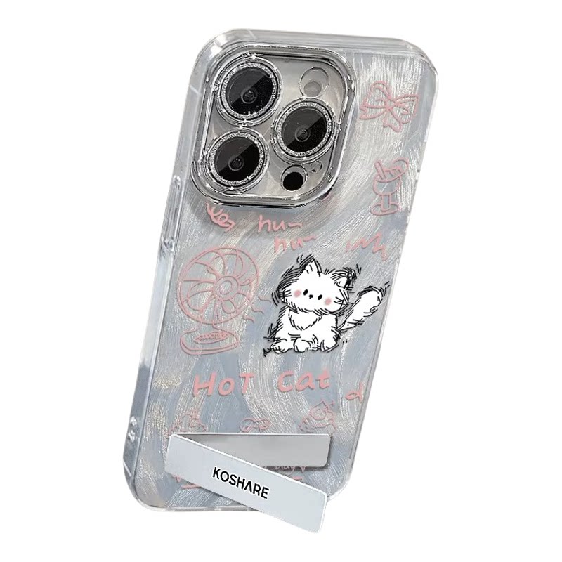 风扇小猫适用苹果17手机壳苹果16promax新款iphone15pro女生14plus高级感13/12全包11镜头膜8/7简约xsmax防摔
