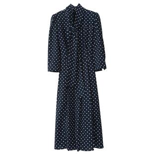 Lavinia波点雪纺连衣裙女2025春新款飘带领泡泡袖设计中长款裙子