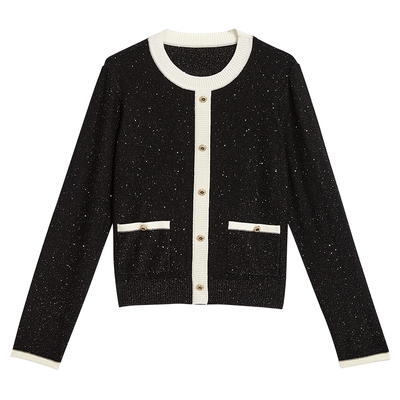 YINER音儿专选2025春季新款法式羊毛珠片纱撞色小香风细闪针织衫