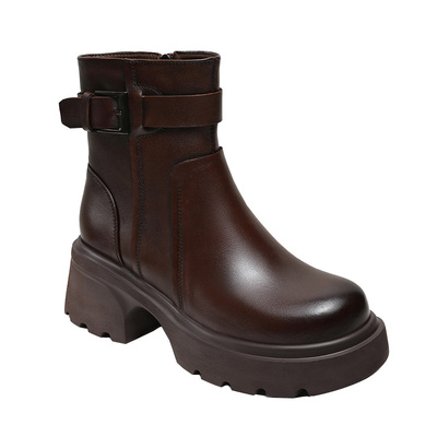 头层牛皮棕色瘦瘦机车骑士马丁靴