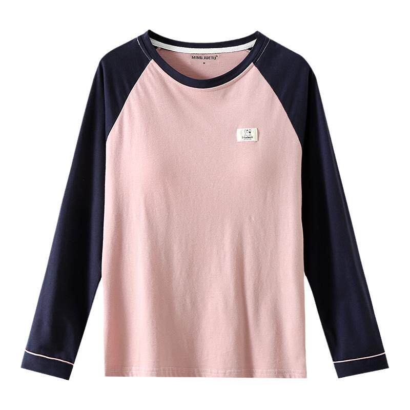 新款睡衣女春秋冬季带胸垫免文胸Bar一体纯棉长袖上衣T恤家居服