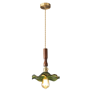 餐厅吊灯中古vintage荷花吧台小吊灯美式绿色复古全铜走廊灯具