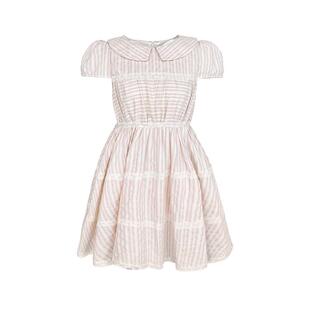 Narratorgirls粉色条纹蕾丝花边娃娃领泡泡袖连衣裙复古公主裙