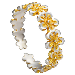 吴越老银铺足银9999桃绾手镯开口可调节花朵纯银手镯送朋友闺蜜