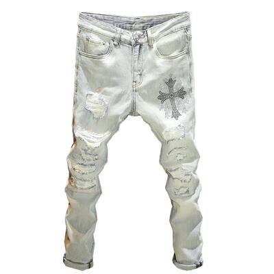 高街时尚破洞补丁烫钻牛仔裤男款