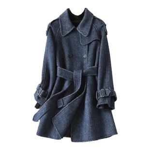 双面羊毛大衣女中长款人字呢系带韩版小个子2025新款轻奢毛呢外套