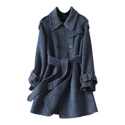 双面羊毛大衣女中长款人字呢系带韩版小个子2025新款轻奢毛呢外套