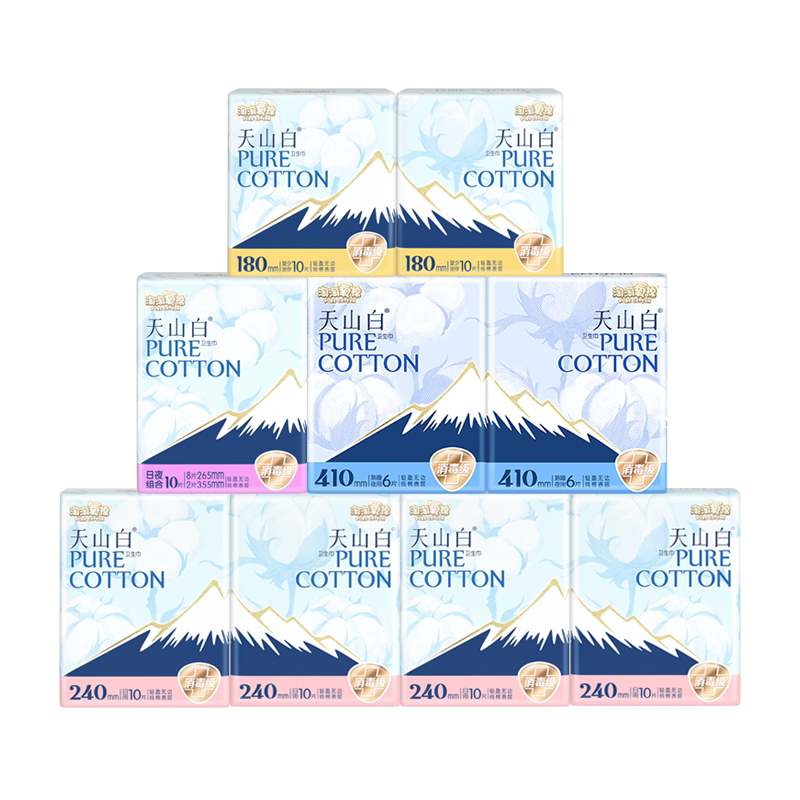 淘淘氧棉天山白卫生巾整箱82片正品纯棉日用夜用组合透气姨妈巾