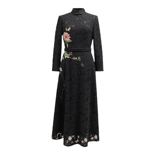 蕾丝秋季中国风精致刺绣花简洁优雅显瘦长袖立领女显瘦蕾丝连衣裙