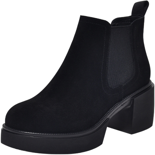 2025新款秋冬女鞋厚底粗跟切尔西靴小短靴女及踝靴磨砂高跟真皮鞋