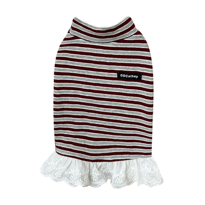 袋袋猫 红色系学院感条纹 宠物纯棉T恤连衣裙 比熊马尔泰狗狗衣服