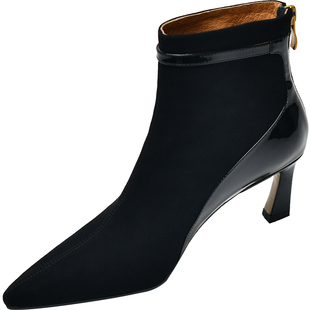 皮厚先生 裸色高跟尖头短靴女 粗跟皮靴及踝靴牛漆皮秋冬女靴