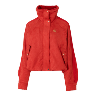 Adidas阿迪达斯运动风红色连帽外套女款翻领夹克衫短款上衣KH2661
