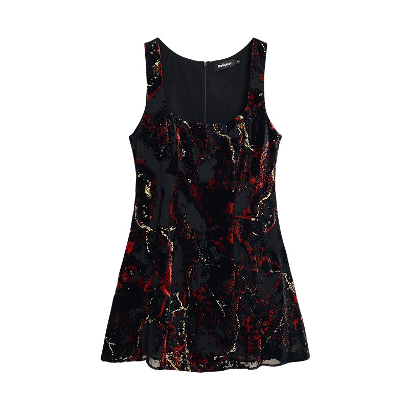 Desigual26春夏新品修身丝绒烧花抽象印花无袖方领女式背心连衣裙