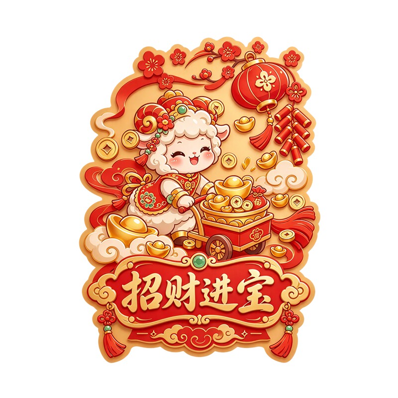 卡通小羊墙贴元宝车贴纸招财进宝祥云鞭炮国潮新年防水装饰贴纸画