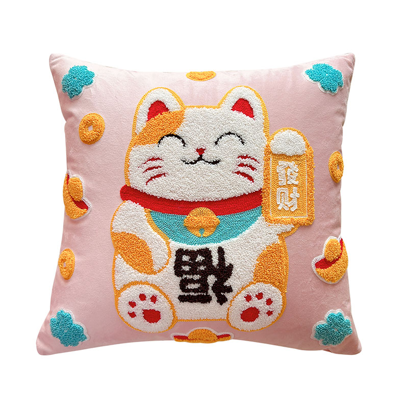 发财猫绣花抱枕福字沙发客厅轻奢高级感红色新品靠垫新年靠枕刺绣