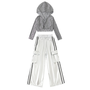 少儿爵士舞露脐女童亮片连帽外套反光银色裤子走秀jazz舞蹈演出服