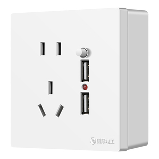 国际电工明装明线五孔双USB充电插座面板带开关86型快充接口2.1A