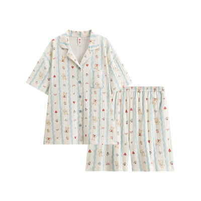 芬腾睡衣女夏季纯棉短袖短裤套装