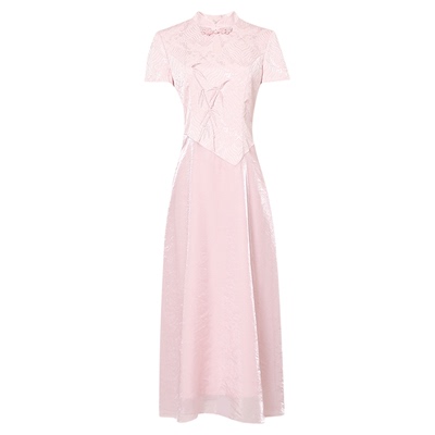 2025夏季新款优雅竹叶刺绣新中式立领国风提花拼接亮闪纱纱连衣裙