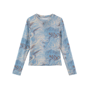 吴童童蓝色扎染网纱长袖T恤女秋季新款韩系修身百搭圆领罩衫上衣