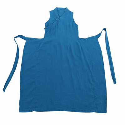 大拙洗旧苎麻通勤风天空蓝连衣裙