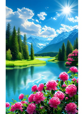 自然美景绿色山水风景画玄关装饰画走廊阳光蓝天白云墙贴餐厅壁画