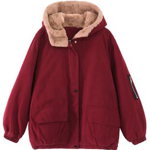 绿素棉连帽加绒派克服女纯棉中长款加厚保暖宽松大码棉衣外套冬