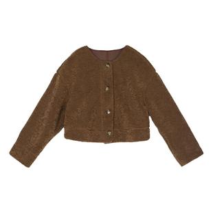 Dotdrobe多着  带围巾 泰迪绒皮毛一体圆领皮草外套女短款春-咖色