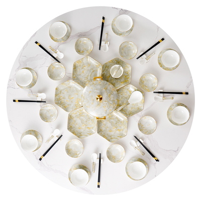 骨瓷六角拼盘餐具组合套装礼盒聚会团圆轻奢60头碗碟家用盘子菜盘