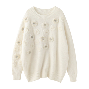 MMC 奶白重工钉珠花朵宽松慵懒风针织衫大毛衣上衣外套2025新款女