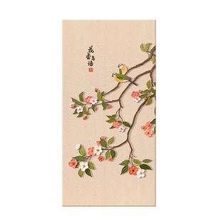 喜上枝头玄关装饰画新中式花鸟图走廊过道挂画砂岩肌理入户门壁画