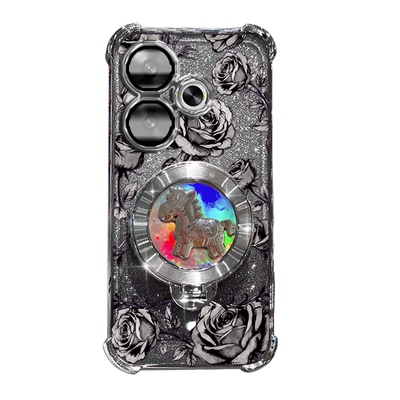 红米13-2024玫瑰印花马上有钱支架手机壳红米132024新年款国风国潮全包防摔镜头全包按键精准电镀边框多巴胺