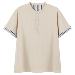 PSO Brand男装女装纯棉撞色条纹亨利领短袖男款宽松t恤上衣情侣装