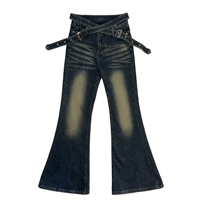 复古辣妹交叉腰带中低腰加绒牛仔裤女2025年冬季设计感显瘦微喇裤