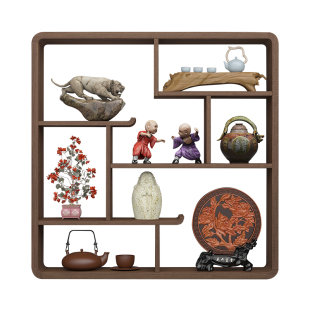 博古架实木中式挂墙壁挂式上墙多宝阁隔断茶室置物架现代简约摆件