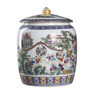 百子图陶瓷大口米缸水缸面缸20斤景德镇家用带盖米桶防潮虫密封罐