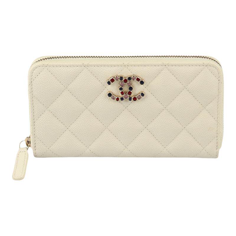 【自营】中古9新CHANEL(香奈儿)多彩宝石双C拉链白色荔枝皮钱包