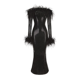 NanaJacqueline一字肩毛毛亮片长款连衣裙女冬新款轻礼服新年晚宴