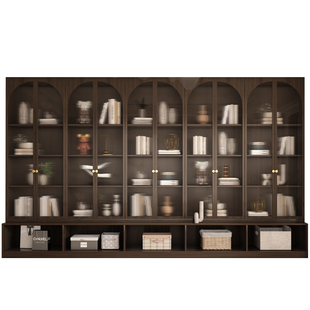 书柜带玻璃门实木藤编简约定制家用客厅一体整墙到顶书架展示柜子