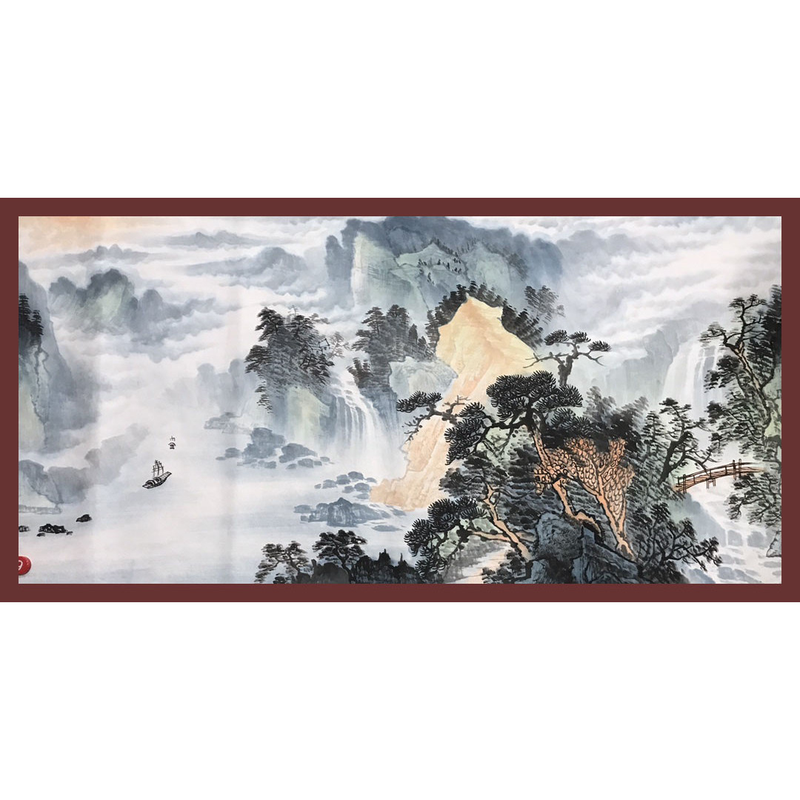 手工绘制四尺山水瀑布风景山水国画装饰画山石树木传统水墨意境画