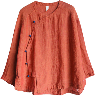 古石后原创新中式上衣女夏季薄款长袖圆领大码宽松防晒亚麻衬衫