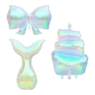 新款镭射炫彩透明幻彩蝴蝶结儿童铝膜气球桃心五星造型布置派对