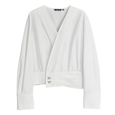 ELLE纯棉修身V领收腰短款衬衫