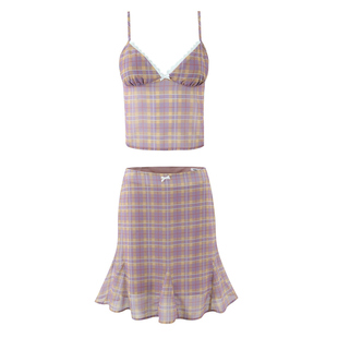 纯欲风辣妹蕾丝花边V领修身露背吊带低腰格子中裙海岛度假套装夏